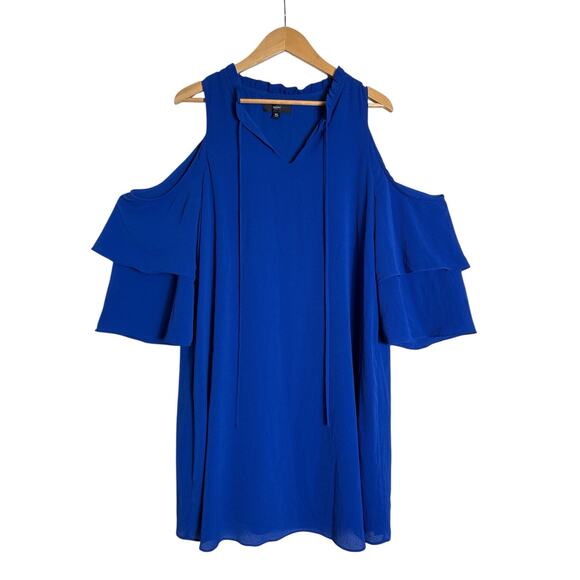 Mossimo Women's Ruffle Layered Sleeve Boho Cold Shoulder Mini Dress Size XL Blue - Picture 1 of 6